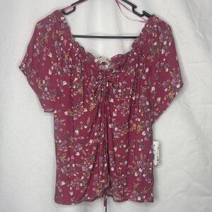 Pink Republic Berry Floral Peasant Blouse Size M Boho Tie Front Top